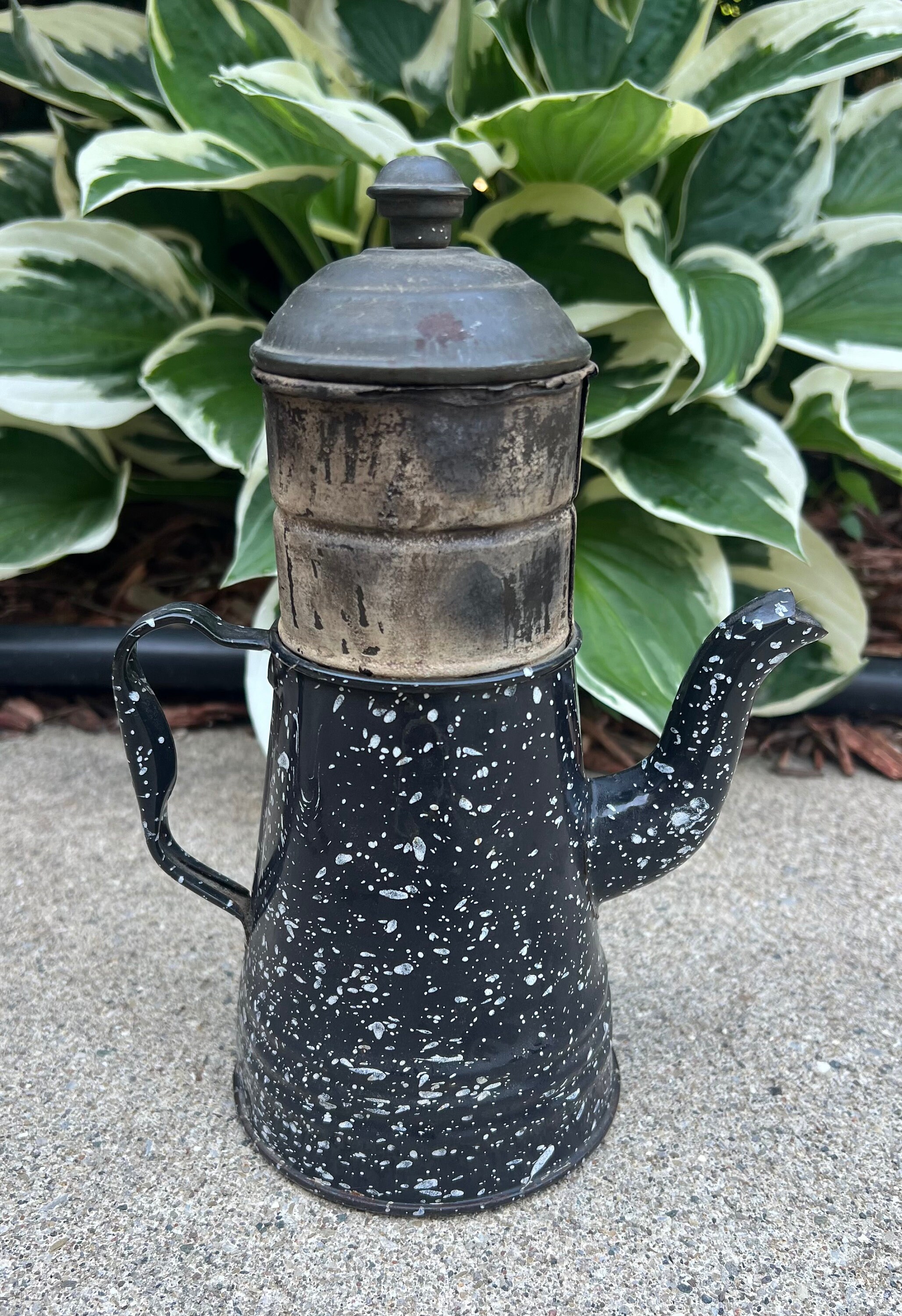 Cafetière émaillée Granit Noir Et Blanc – Style Cowboy, Pour Camping Ou Déco