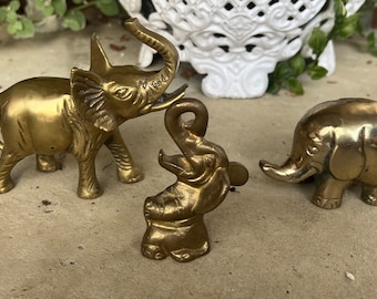 Lot Of 3 Vintage Mid-Century Modern Brass Good Luck Trunk Up Elephant Statues L0622C40