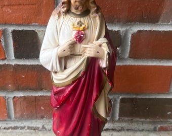 Estatua religiosa de yeso vintage de Jesús Sagrado Corazón de 33 cm (13") L0526