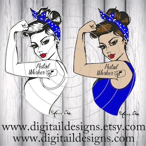 Pracownik poczty Girl Power SVG - eps - ai - dxf - Plik do cięcia - Sylwetka - Cricut - Mail Lady Rosie SVG - Rosie the Riveter