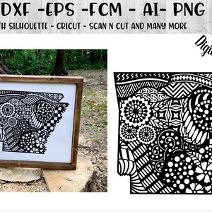 May include: Black and white digital design of the state of Arkansas with intricate patterns and doodles. The design is shown on a wooden sign and as a standalone image. The text "DD1740 ©2019" is in the bottom right corner of the image.