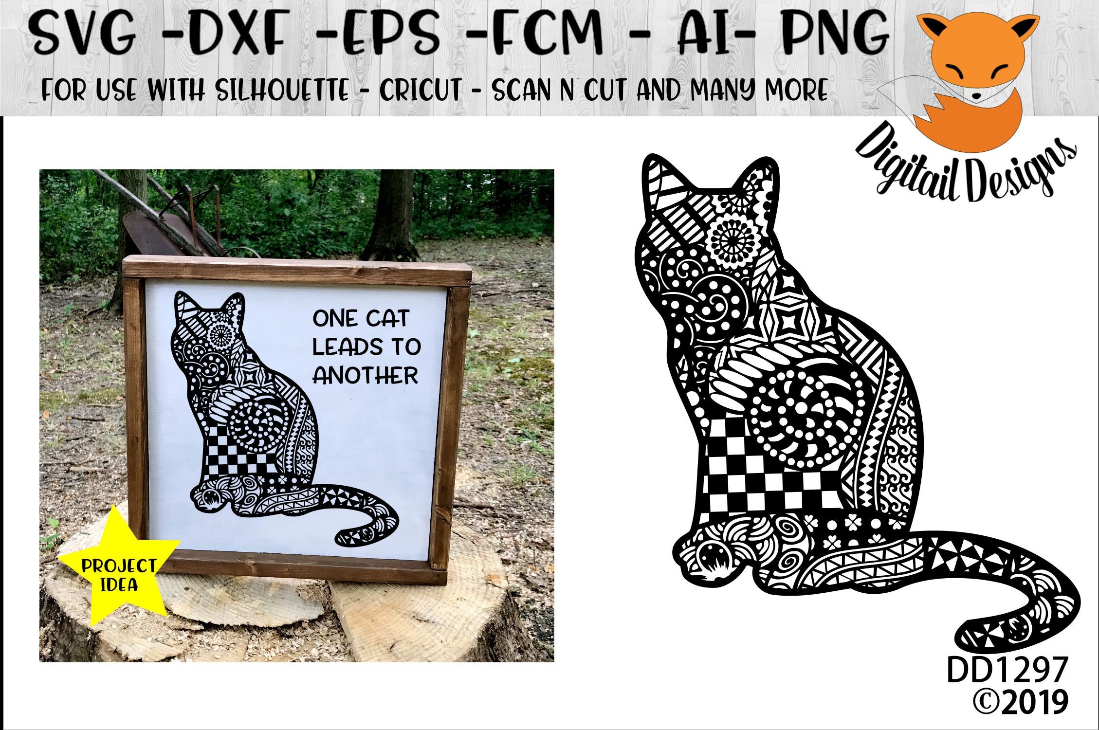 Zentangle Cat SVG - png - dxf - eps - fcm - ai - Doodle Cat SVG - Man…