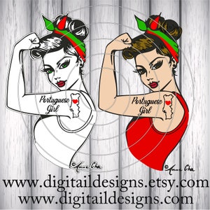 Portugués Girl Power SVG - eps - ai - dxf - Cortar archivo - Silueta - Cricut - Portugués Rosie SVG - Portugal Rosie the Riveter