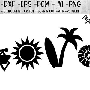 May include: Black and white silhouette design set of a beach chair, sun, surfboard, palm tree, and seashell. SVG -DXF-EPS -FCM - AI -PNG. FOR USE WITH SILHOUETTE CRICUT-SCAN N CUT AND MANY MORE. Digitail Designs. DD572 ©2019