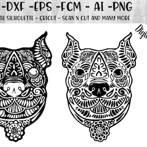 Puede incluir: Diseño digital en blanco y negro de la cara de un perro con intrincados patrones. El diseño está en el estilo de una calavera de azúcar.