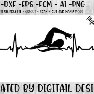 Zwemmen EKG SVG-PNG-EPS-DXF-FCM-AI-cut bestand-silhouet-Cricut-zwemmen team SVG-Love zwemmen-zwemmen hart beat