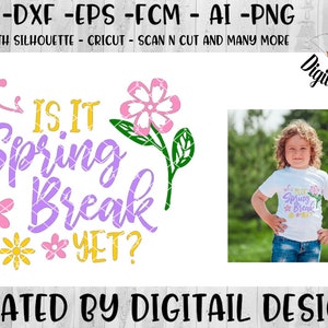 Puede incluir: Un diseño gráfico morado y amarillo con el texto "Is it Spring Break Yet?" rodeado de flores rosas y amarillas.