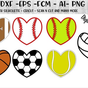 Sport Half Hearts SVG - png - dxf - eps - ai - fcm - Baseball Heart - Football Heart - Basketbal Hart - Voetbal Hart - Volleybal Hart
