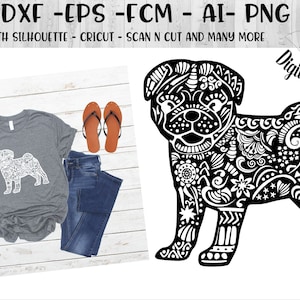 Zentangle Pug SVG - dxf - eps - fcm - ai - png - Doodle Pug SVG - Detailed Mandala Pug Dog SVG