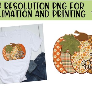 Puede incluir: Una calabaza de patchwork con una hoja verde y el texto "Hello Pumpkin" en letras marrones. La calabaza está sobre un fondo blanco.