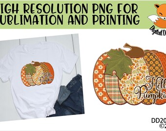 Faux Patchwork Hallo Kürbis Sublimation PNG - Instant Download - Schwein PNG - Herbst gemusterte Kürbis PNG - direkt zu Kleidungsstück