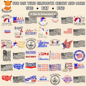 May include: A digital collection of patriotic graphic designs featuring American flag motifs, eagles, unicorns, and text-based slogans like Freedom, God Bless America, and Memorial Day, formatted as SVG, DXF, and PNG files for use with cutting machines.