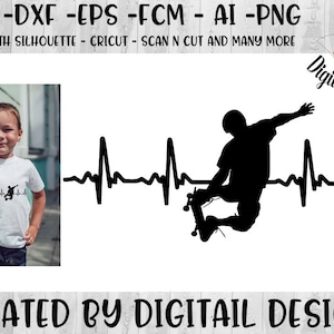 Skateboard EKG SVG SVG-PNG-FCM-EPS-DXF-AI gesneden bestand-silhouet-Cricut-scan N cut-Skater Heart Beat-skateboard heartbeat