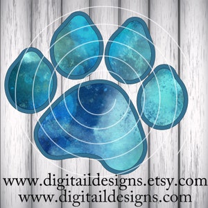 May include: A blue watercolor paw print with a white background. The paw print is outlined in dark blue and has a swirling pattern inside.