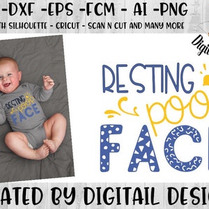 May include: A baby wearing a grey onesie with the text "Resting poop face" in blue and yellow. The onesie is decorated with a sun and a heart.