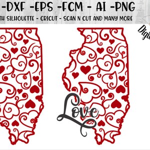La Saint-Valentin Illinois SVG - png - fcm - eps - dxf - ai - Silhouette - Cricut - Doodle Art Illinois - Illinois amour coupe File - état amour