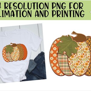 May include: A digital design of a patchwork pumpkin with a green leaf. The pumpkin is made up of different fabrics with floral, plaid, and chevron patterns in shades of orange, brown, and cream. The design is perfect for sublimation and printing.