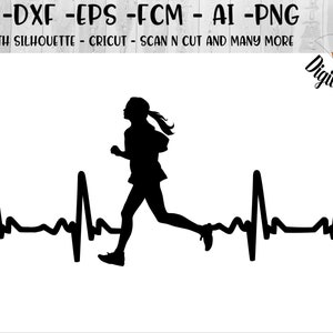 Runner EKG SVG-PNG-FCM-EPS-DXF-AI gesneden bestand-silhouet-Cricut-scan N cut-Running meisje heartbeat-Cross Country-runner SVG