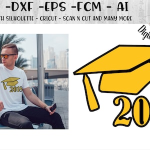 May include: A yellow graduation cap with a black tassel and the year 2018 in black text. The cap is on a white background. The text "Digitail Designs" and "DD588 ©2019" are also on the white background.
