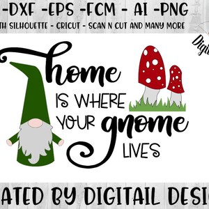May include: A green gnome with a white beard stands in front of a white background with the text "home is where your gnome lives" and two red and white mushrooms with green grass.