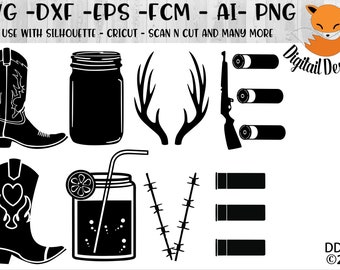 Country Love SVG png -dxf - eps - fcm - ai - Cut File - Silhouette -Cricut - Scan n Cut  - Hunting Love -  Mason Jar SVG - Cowboy Boot SVG