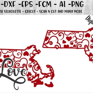 Massachusetts Valentine SVG - png - fcm - eps - dxf - ai - Cut File - Silhouette - Cricut - Massachusetts Doodle SVG - Massachusetts Heart
