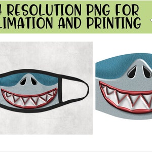 Puede incluir: Una mascarilla facial azul y gris con un diseño de dientes de tiburón. La mascarilla tiene una banda elástica negra y un fondo blanco.