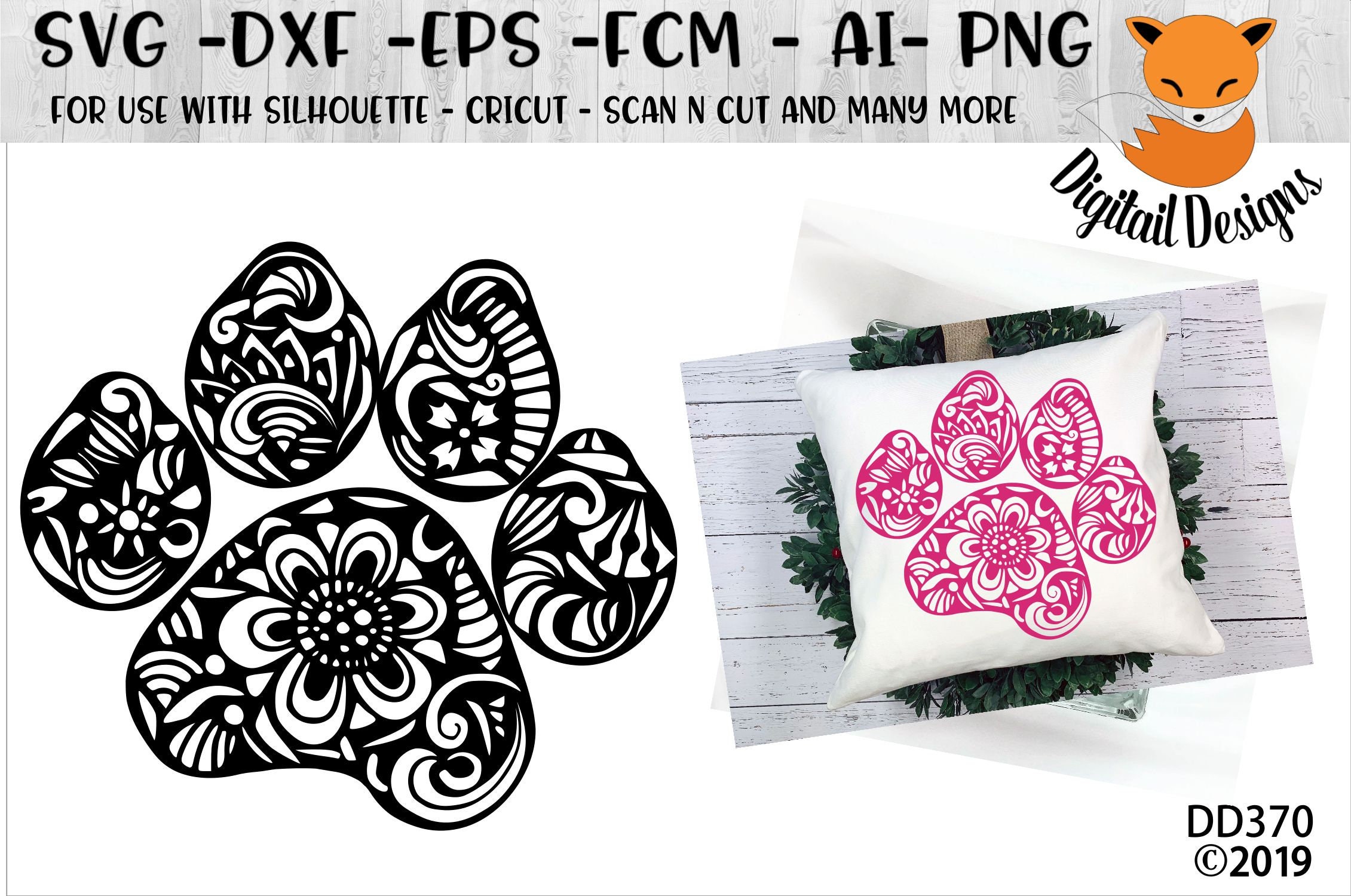 Zentangle Paw Print SVG - dxf - fcm - eps - ai - png - Cut File - Sil…