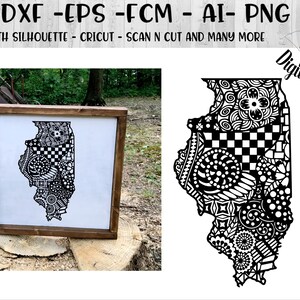 Zentangle Illinois staat SVG-DXF-PNG-EPS-FCM-AI-doodle Art Illinois-cut bestand-silhouet-Cricut-Illinois Mandala