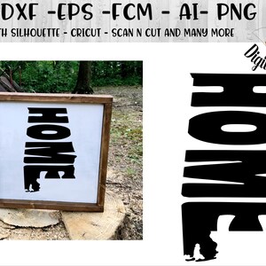 May include: A black and white design of the word "HOME" with the letters shaped like the state of Alabama. The design is shown on a white background in a wooden frame and as a standalone design.