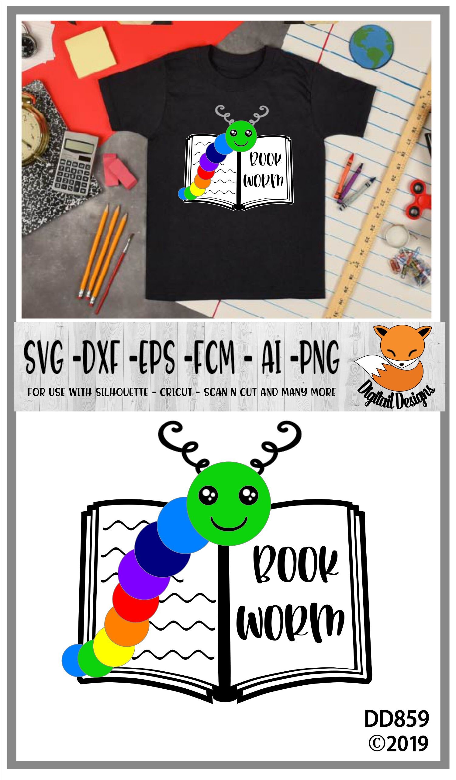 Book Worm SVG - Png - Dxf - Eps - Fcm - Ai - Silhouette - Cricut ...