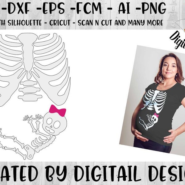 Baby Girl Skeleton SVG - PNG - DXF - Eps - Fcm - Ai - Cut File - Printable Clipart - Halloween Baby X-ray - Halloween Pregnancy Announcement