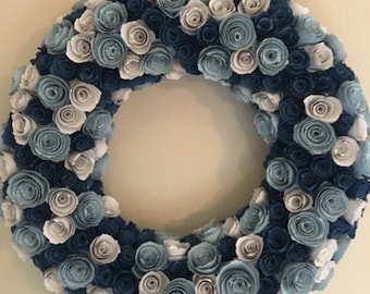 Paperflowers/Blue Paper flowers/light blue wreath/navy blue paper flowers/ gray paper flowers/blue and gray paper flower wreath/paper wreath