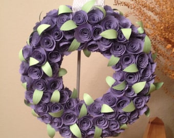Paper flowers/Purple paper flowers/green paper leaves/Purple paper roses/purple paper wreath/paper flower wreath/purple paper flower decor