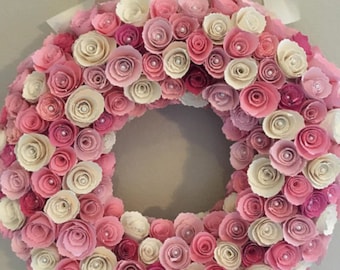 Pink Paper Flower Wreath: Cream Accents, Pearl Details