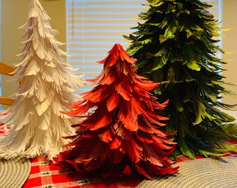 Handmade Paper Feather Christmas Trees: Rustic Holiday Decor, Set of 3 trees, traditional or whimsical colors, feather holiday decor, paper