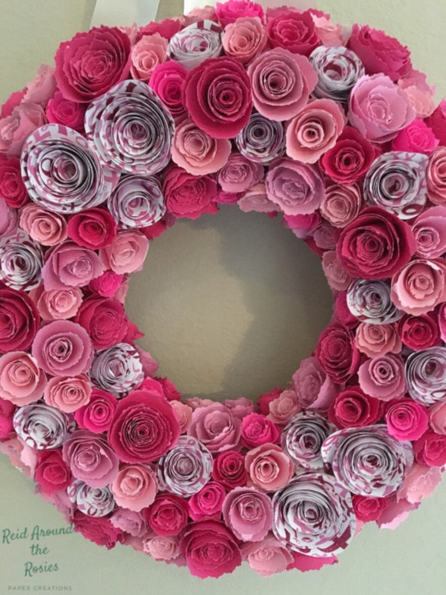Paper flowers/Breast Cancer Awareness wreath/Survivor paper wreath/pink paper flowers/pink ribbon paper flowers/pink paper wreath