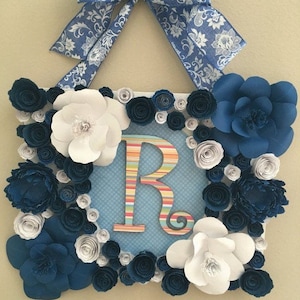 Paper flowers/Blue paper flowers/white paper flowers/Flower backdrop/large paper flower decor with initial