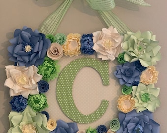 Paper flowers/green paper flowers/blue paper flowers/cream paper flowers/paper flower initials/paper flower decor/nursery paper flowers/