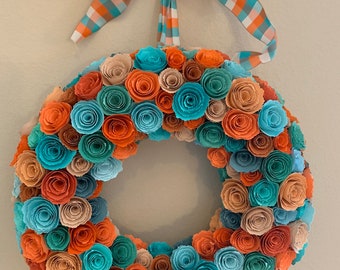 Paper flowers/paper flower wreath/orange paper flowers/aqua paper flowers/teal paper flowers/fall paper flower wreath/orange and aqua paper