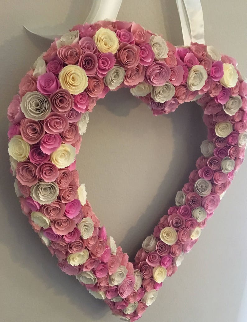 Paper heart wreath/large paper heart/pink paper flowers/cream paper flowers/butter cream paper flowers/paper heart decor/large paper flowers image 5
