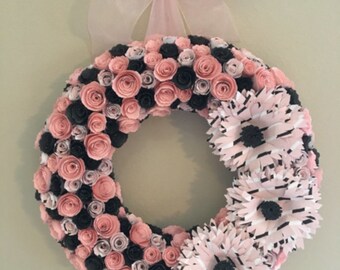 Paper flowers/Pink paper flowers/black paper flowers/pink and black print paper flowers/large pink paper flowers/ paper flower wreath/paper