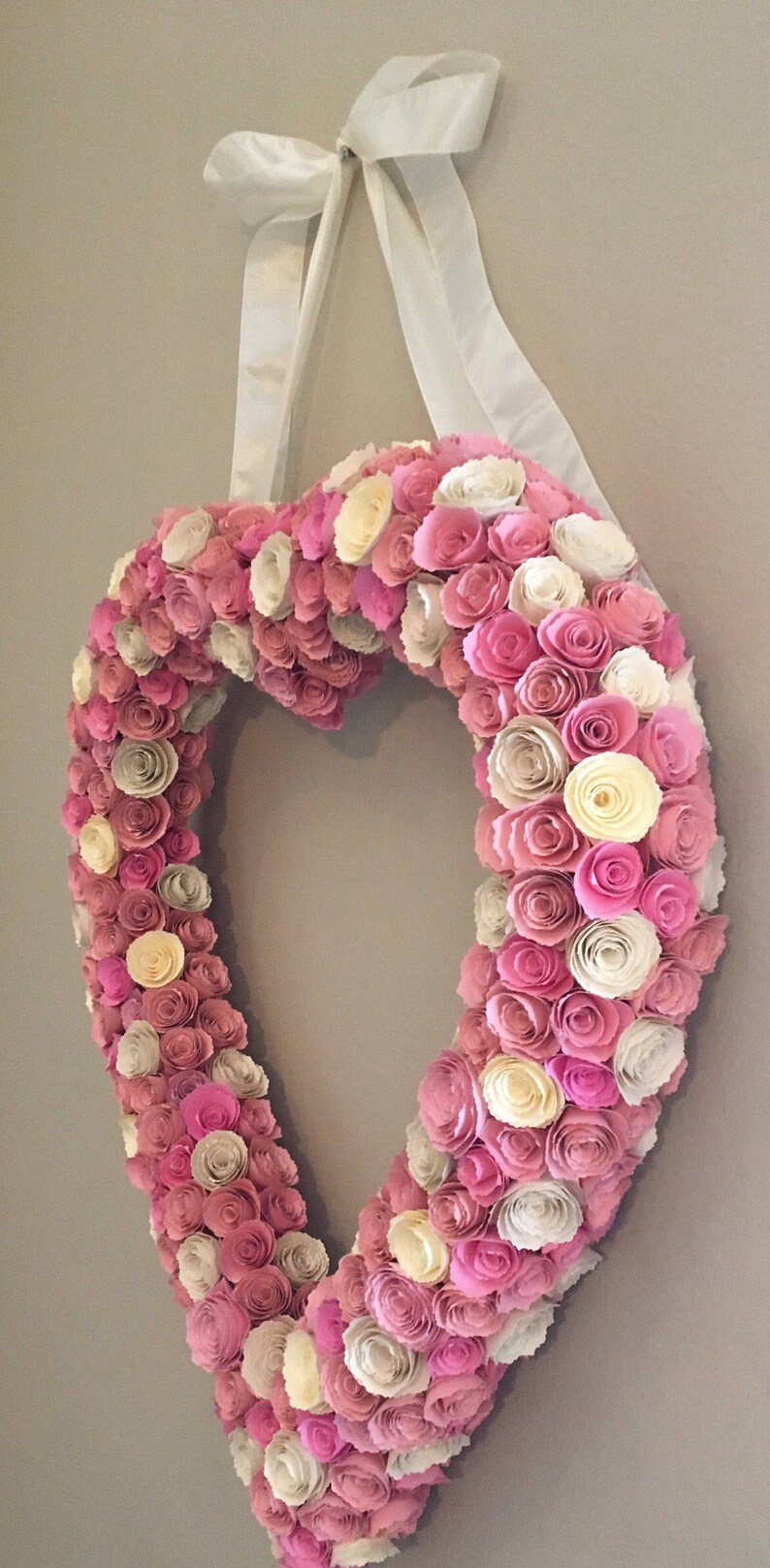 Paper heart wreath/large paper heart/pink paper flowers/cream paper flowers/butter cream paper flowers/paper heart decor/large paper flowers image 3