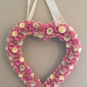Paper heart wreath/large paper heart/pink paper flowers/cream paper flowers/butter cream paper flowers/paper heart decor/large paper flowers image 1