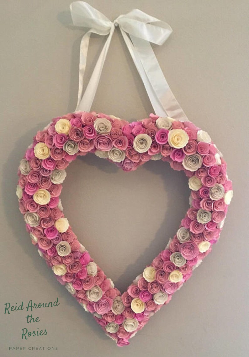 Paper heart wreath/large paper heart/pink paper flowers/cream paper flowers/butter cream paper flowers/paper heart decor/large paper flowers image 1