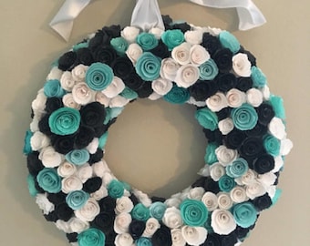 Paper flowers/paper flower wreath/black flowers/white flowers /aqua flowers/black white and aqua paper decor wreath