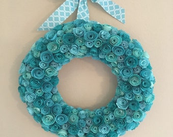 Aqua paper flowers/turquoise paper flowers/aqua and turquoise paper flower decor/Agua and turquoise paper wreath/paper flowers