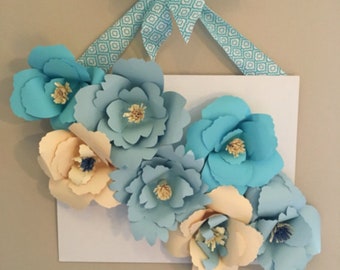 Paper flowers/Blue Paper flower backdrop/Large blue paper flowers/ cream paper flowers/panel of blue and cream paper flowers