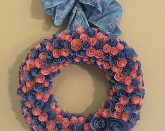 Paper flowers/Blue paper roses/rose-colored paper flowers/ Blue paper flowers and Rose Quartz paper flowers/paper flower wreath/paper roses