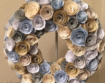 Paper flower wreath/blue paper flowers/cream paper flowers/white paper flowers/gray paper flowers/beige paper flowers/paper flower decor